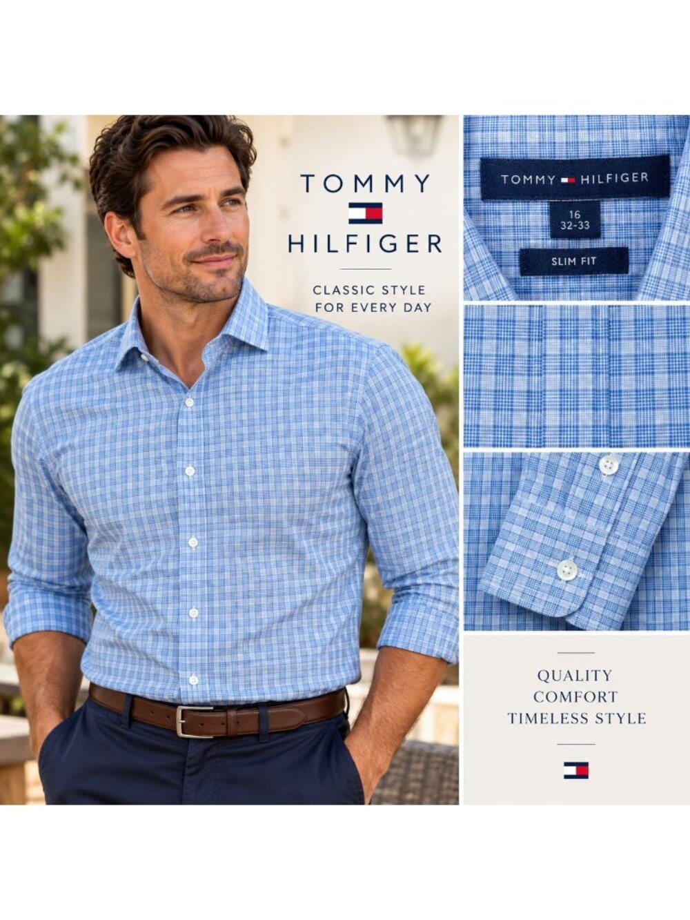 Tommy Hilfiger Mens 16 32-33 Slim Fit Blue Plaid 100% Cotton Dress Shirt